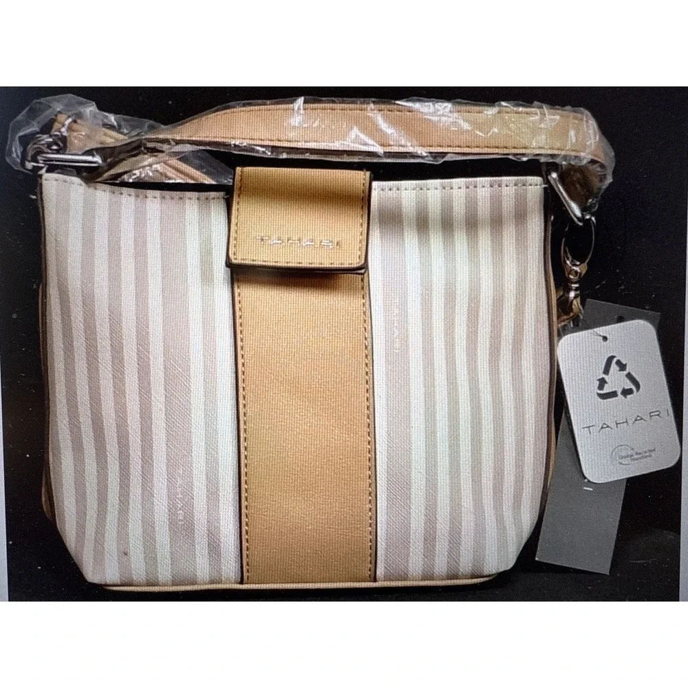 Tahari Tote Bag Women Sand/Gray Striped Bag Magnetic Snap Zip Vegan Leather  NWT
